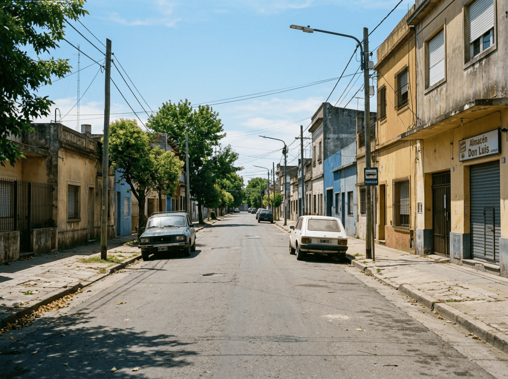 Residential street with vintage cars, Almacén Don Luis, and a PARADA sign