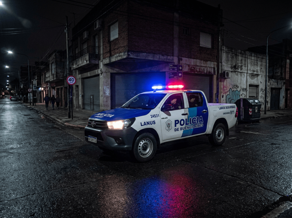 Buenos Aires police pickup with flashing lights on a wet night street